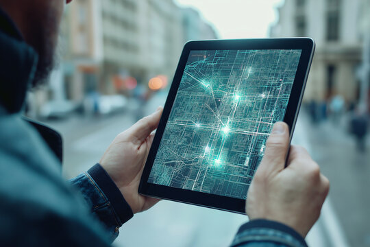 GIS specialist using a tablet with a digital interface overlay showing geospatial data, satellite imagery, technology graphs location analysis, mapping trends, spatial patterns, geographic mapping