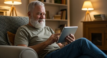 Relaxed senior man enjoys browsing on his tablet at home while sitting comfortably in his armchair