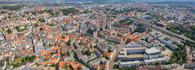Aerial view around the old town in the city Halle (Saale) on an sunny spring day in Germany	