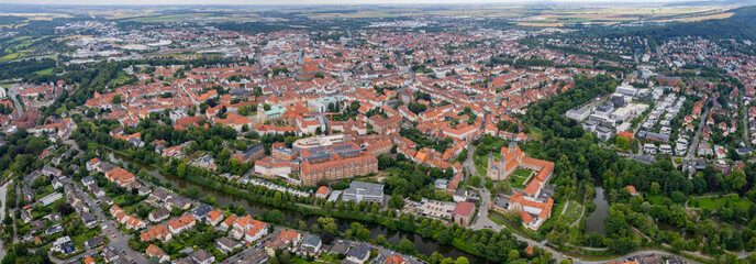 Aerial view around the old town in the city Hildesheim on an sunny spring day