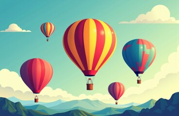 Fototapeta premium Colorful hot air balloons floating over mountain landscape with a bright sky