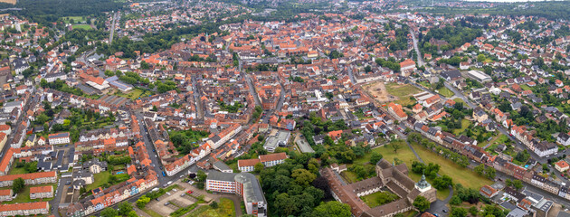 Aerial view around the old town in the city Helmstedt on an cloudy spring day