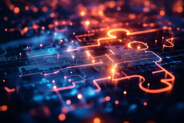 Obraz premium Glowing puzzle pieces connected in a digital network, highlighting concepts of connectivity, problem-solving, and technology
