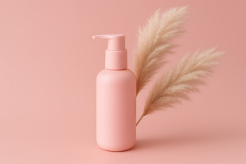 Pink cosmetic pump bottle mockup with pampas grass decor on monochrome background for beauty care branding, skincare packaging and minimalist product presentation design