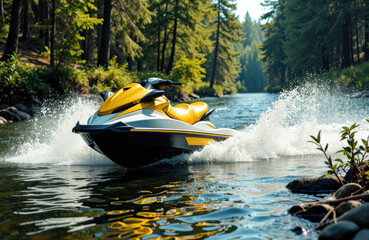 A yellow and black jet ski speeds across a calm river surrounded by lush green trees