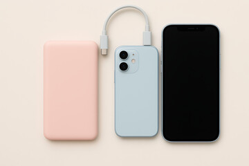 Modern tech device mockup with smartphone, pastel blue mobile and pink power bank flatlay on cream background for electronic gadget branding and product presentation