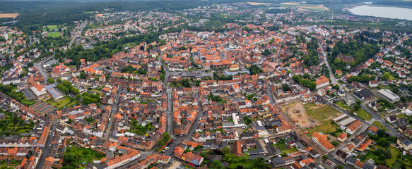 Aerial view around the old town in the city Helmstedt on an cloudy spring day