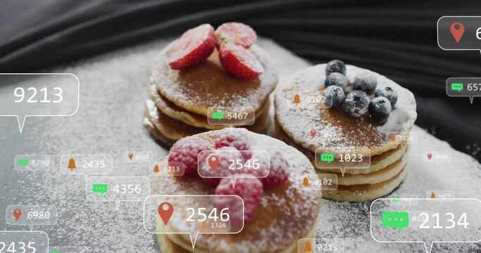 Location-pin icon appearing beside berry pancake stack starting chat bell overlays to show metrics