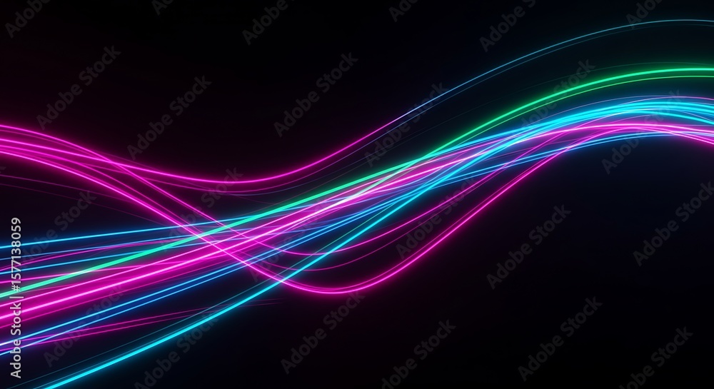Poster neon light trails in motion illuminate a dark background with vibrant magenta, cyan, and green color