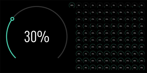 Set of circular sector arc percentage diagrams meters progress bar from 0 to 100 ready-to-use for web design, user interface UI or infographic - indicator with green