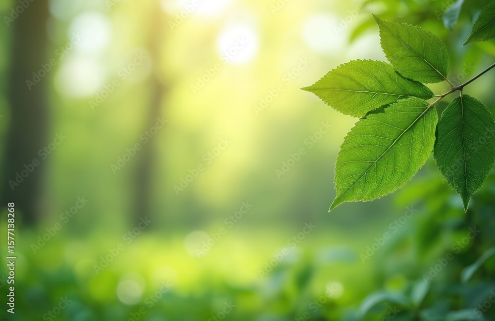 Poster green forest scene with large tree in center. tree branches adorned with leaves of varying shades of