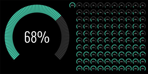 Set of circular sector arc percentage diagrams meters progress bar from 0 to 100 ready-to-use for web design, user interface UI or infographic - indicator with green