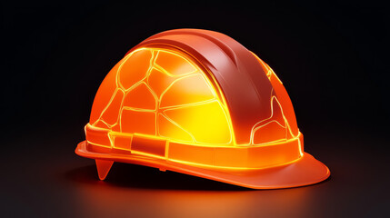 Orange safety hard hat glowing brightly with a complex internal structure. Represents illumination, innovation, and protective technology for industrial safety.