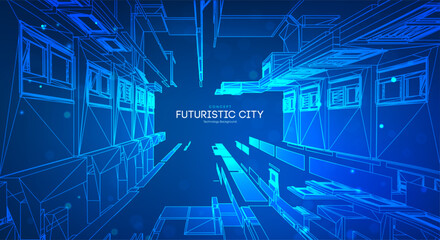 Futuristic Smart City Background with Neon Blue Tech Skyline and Abstract Data Network. 3D Vector Buildings for Cyberpunk Metropolis or AI Business Concept. Cyber Gradient Glow with Architecture.