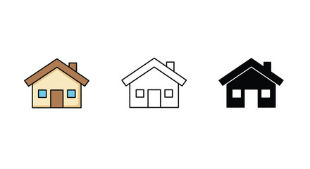Three House Icons in Different Styles Colored Outline and Silhouette