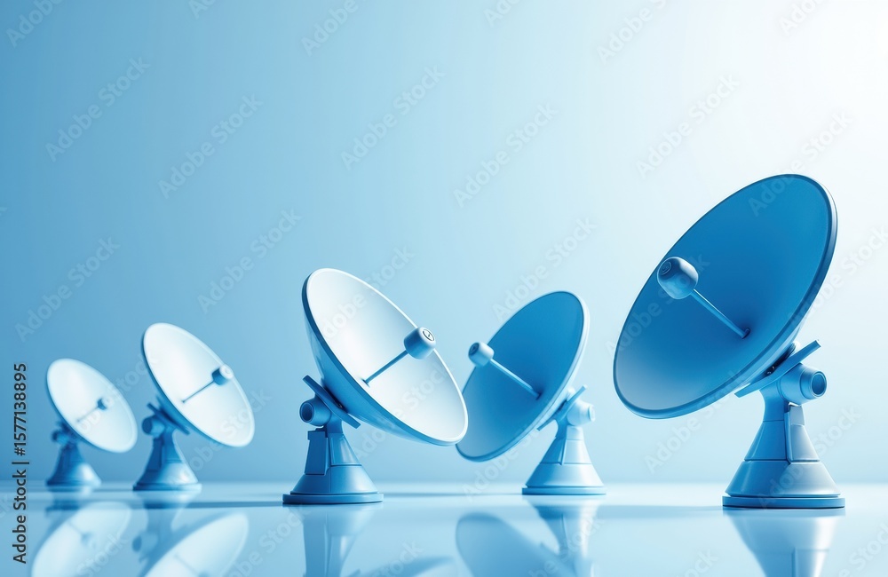 Poster multiple satellite dishes arranged in increasing size on a reflective surface with a gradient blue b