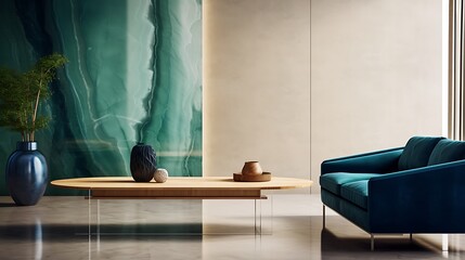 Bold minimalist interior with electric blue linear sofa, hunter green velvet armchair, subtle beige plaster wall, abstract art piece, and clear resin coffee table, shown in full-frame capture,