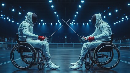 Two fencers in wheelchairs, facing each other