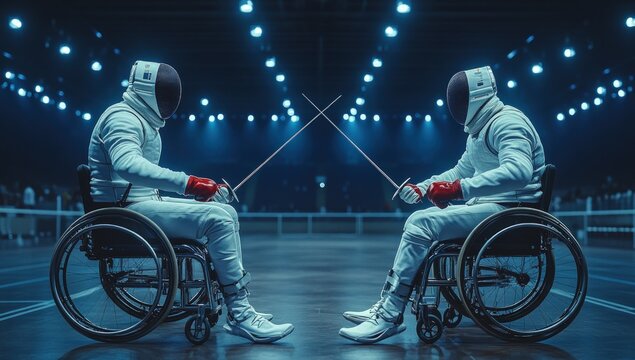 Two fencers in wheelchairs, facing each other