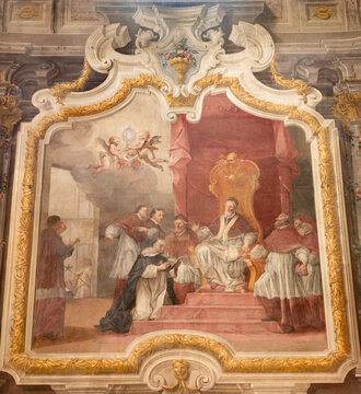 PIACENZA, ITALY - MAY 19, 2025:The fresco of approval of the Dominican rule by Pope Honorius III with St. Dominic  in the church Basilica di San Giovanni in Canale by Francesco Natali from year 1733.