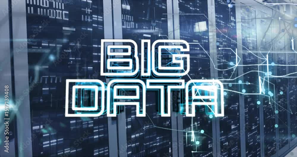 Poster intensifying data particles converging across racks and forming glowing big data text for analytics