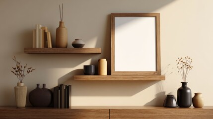Wooden shelves display vases books and a blank frame Neutral color palette Minimalist home decor