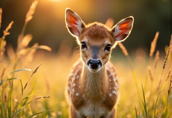 Adorable baby deer standing in a sunlit meadow during golden hour