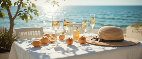 Dreamy summer seaside table scene with straw hat, fruits, and aperol spritz under dappled sunlight, evoking vintage warmth and coastal elegance.