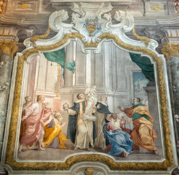 PIACENZA, ITALY - MAY 19, 2025:The fresco of Eucharistic miracle of Saint Giacinto in the church Basilica di San Giovanni in Canale by Francesco Natali from year 1733.