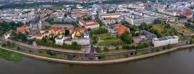Aerial view around the old town in the city  Marburg, on an sunny spring noon
