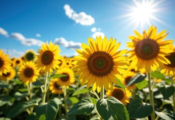 Fototapeta premium Bright sunflower field under a clear blue sky with the sun shining intensely