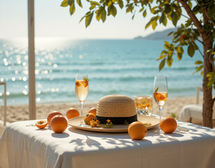 Dreamy summer seaside table scene with straw hat, fruits, and aperol spritz under dappled sunlight, evoking vintage warmth and coastal elegance.