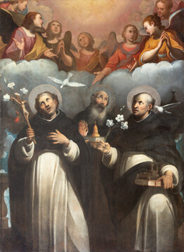 PIACENZA, ITALY - MAY 19, 2025:The painting of St. Thomas Aquinas, St, Antony Abbot and St. Dominc in the church Basilica di San Giovanni in Canale by unknown artist from beginn of 17. cent. 