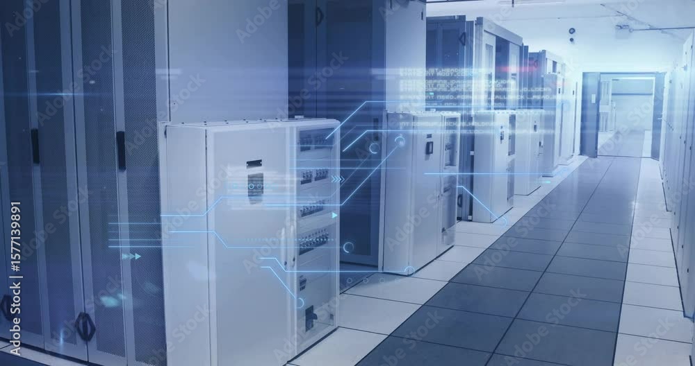 Poster faint blue digital overlay fading in over server cabinets while camera panning to show data flow