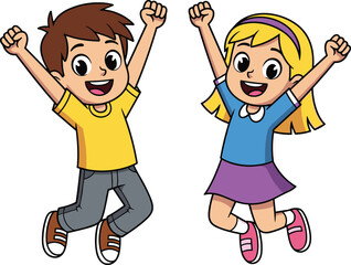 Happy cartoon kids jumping with joy, cheerful boy and girl illustration, cute children celebrating, colorful flat vector art, back to school fun