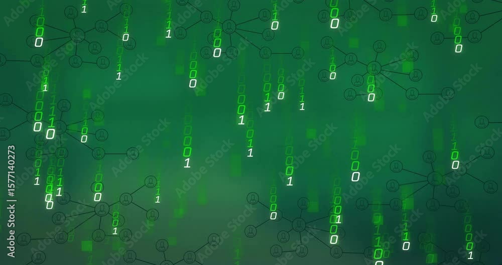 Poster binary digits fading into view and drifting downward over green backdrop, visualizing network flow