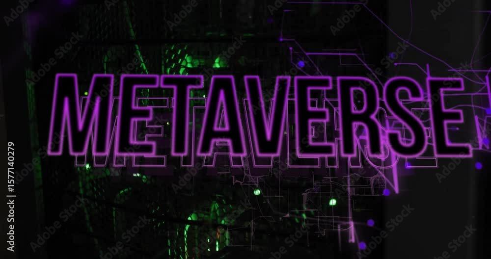 Poster pulsing green grid sparking purple outline forming metaverse tracing circuit lines visualizing tech