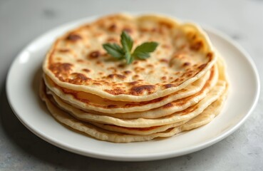 Golden-brown Indian Paratha flat bread stack on white plate with green herbs. Traditional flat bread layers spiral design. Fresh green herbs garnish multi-layered bread.