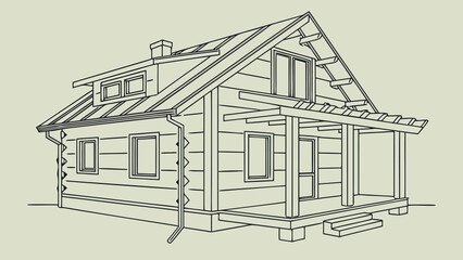 Perspective drawing of a two story log cabin with porch and dormer windows under a gabled roof