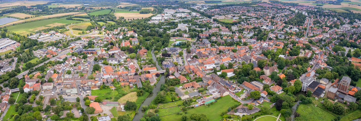 Aerial view around the old town in the city  Sarstedt, on an sunny spring afternoon