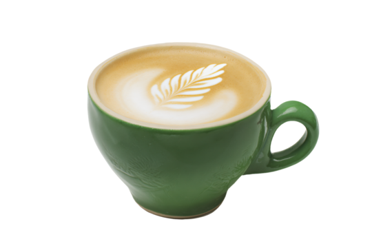 a green cup of coffee with a leaf design on it