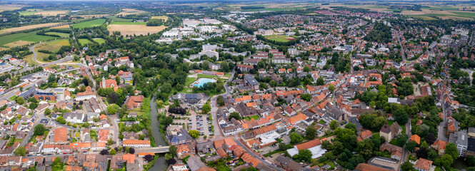 Aerial view around the old town in the city  Sarstedt, on an sunny spring afternoon