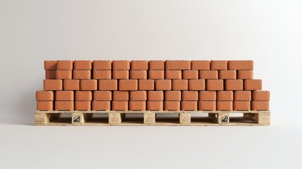 Obraz premium Stack of terracotta bricks arranged on wooden pallet in a minimalist setting with soft lighting