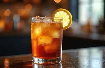 Vibrant bar scene with cocktail glass featuring orange drink, lemon slice, ice. Wooden bar, rustic charm, blurred background. Cocktail possibly Caffe di Cielo in glass.