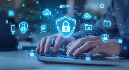 Secure Digital World: Hands Typing with Cyber Security Icons Overlay