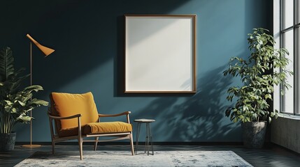 Empty frame mockup on mid-century home interior wall for artwork placement or product promotion.
