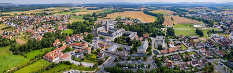 Aerial view around the old town in the city  Schwarzach am Main, on an sunny spring morning