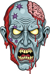 Creepy zombie head illustration, exposed brain, dripping blood, undead monster face, horror Halloween design, terrifying cartoon skull, scary infected zombie artwork graphic