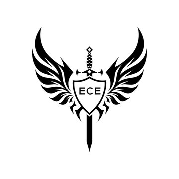 ECE Black and White Heraldic Emblem with Wings and Sword, ECE Later Logo, Guardian Angel Sword and Shield Tribal Vector, Winged Sword and Shield Logo Design with Tribal Style. 

