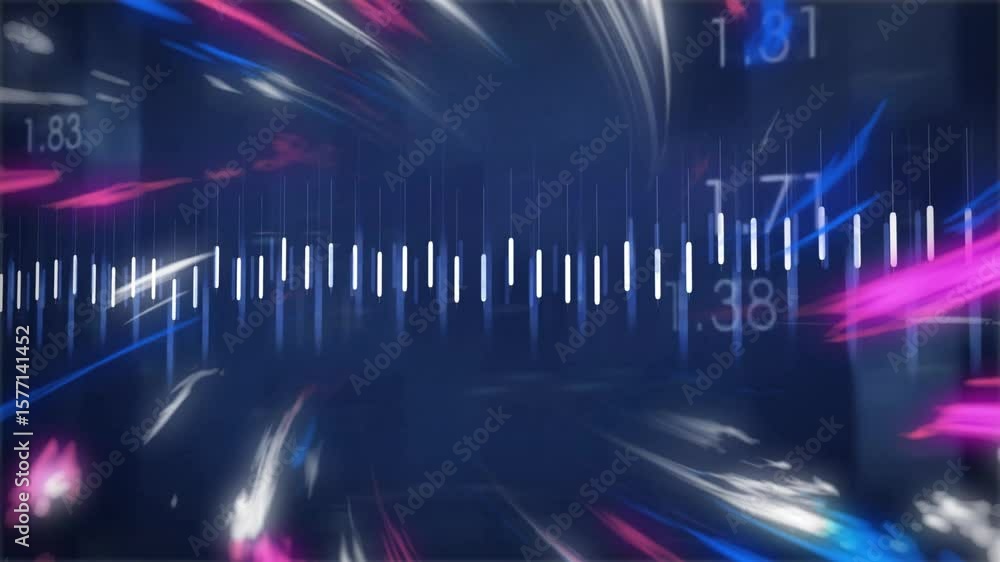 Poster streaks swirling initiating orange waveform tracing peaks on white bar array visualizing data